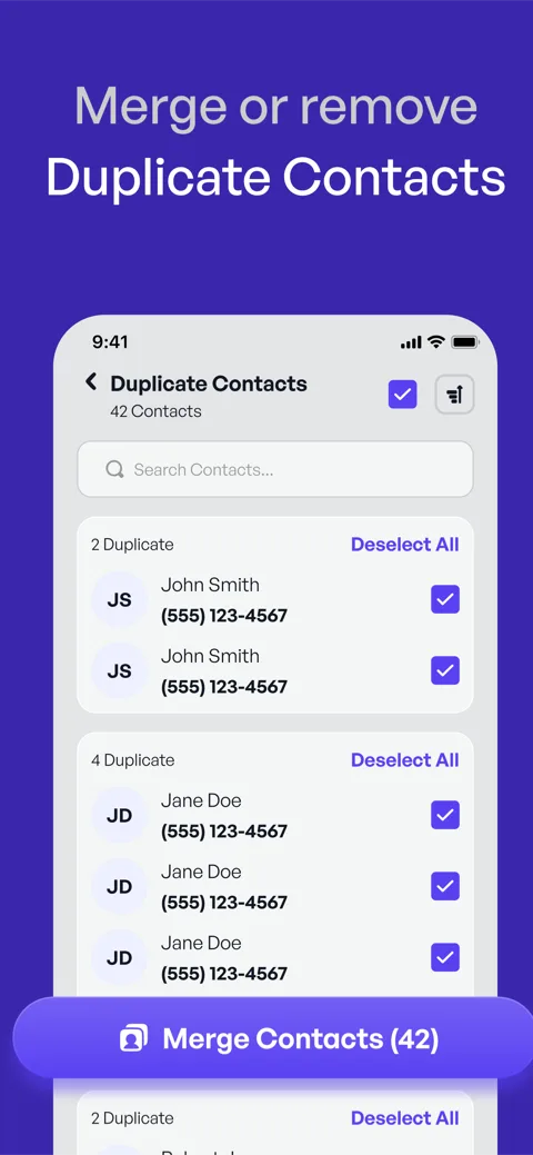 Contact backup and merge screen